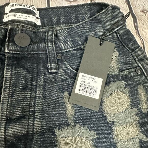 One Teaspoon Denim Shorts Bonita High Waist Long Rise Button Fly in Fox Black 25 - Picture 3 of 12